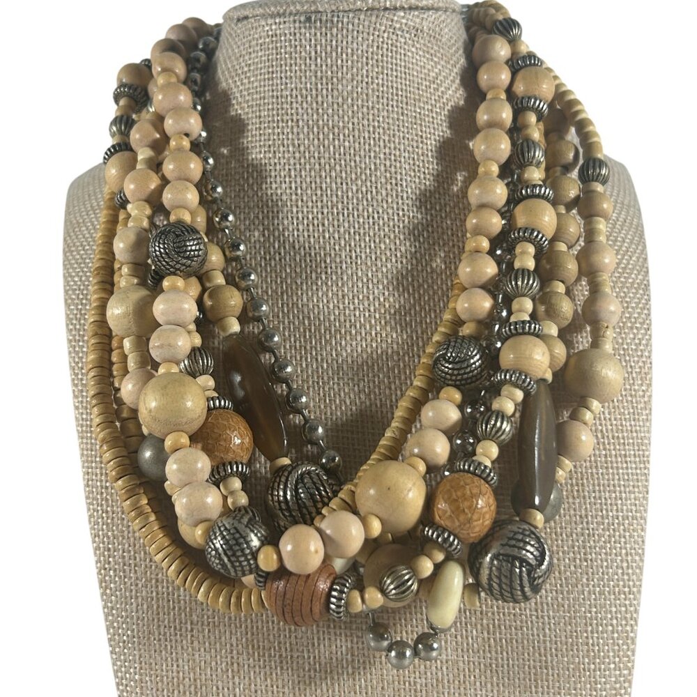 Multi Strand Beaded Necklace Wood Metal Brown Silver Tone Tribal Boho Earth Tone - Picture 9 of 9